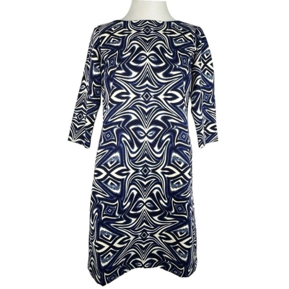 Taylor Blue White Geometric Psychedelic Shift Dress 3/4‎ Sleeve Size 6 NEW